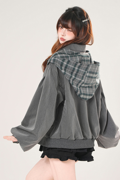 モードチェックフードジャケット