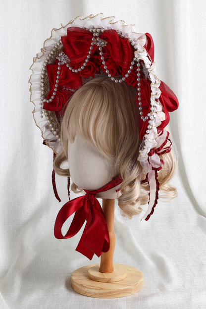 ローズレースロリータボンネット+ハット+ヘアバンド+クリップハット+クラウン