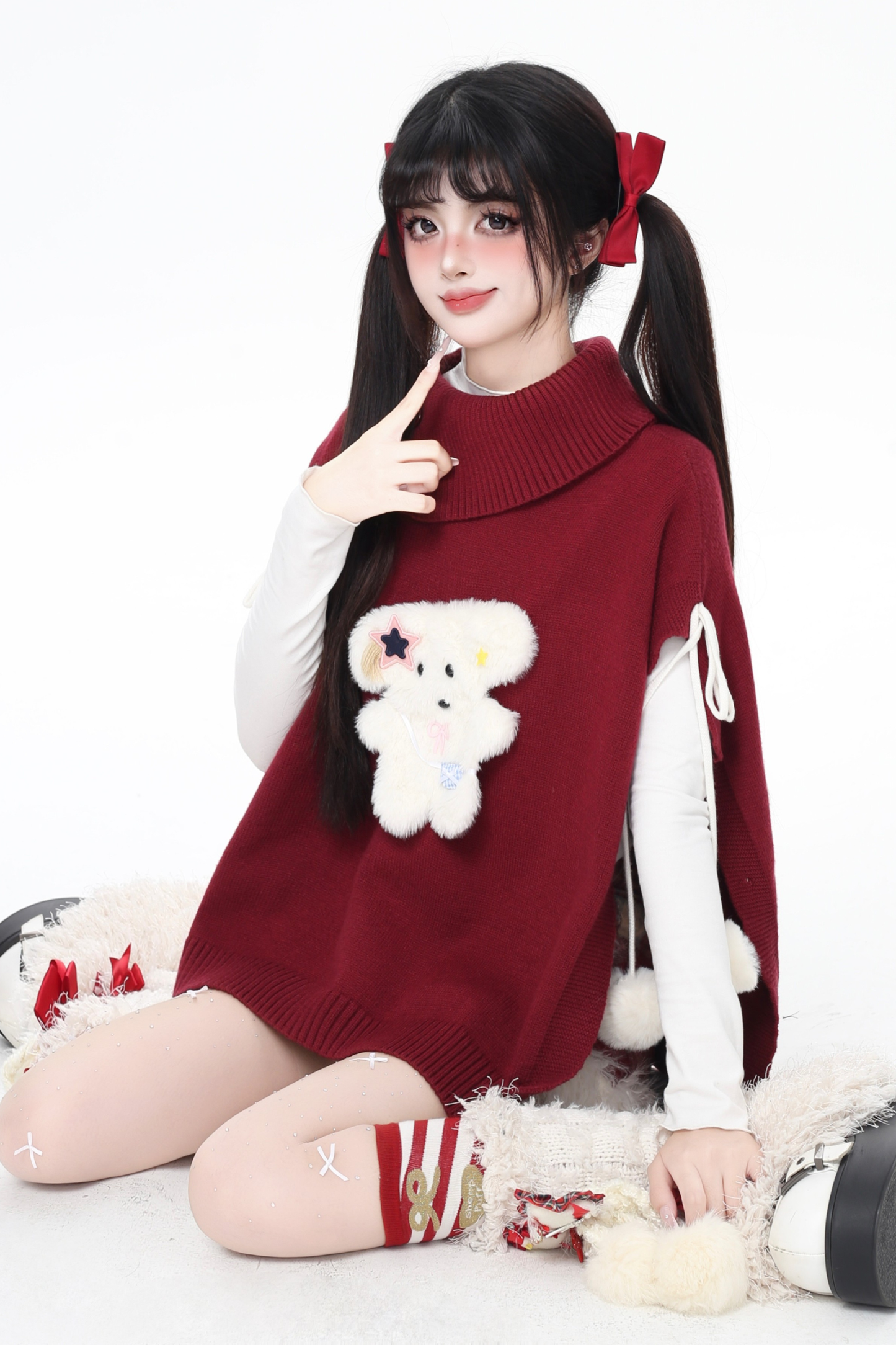 タートルネックショールニットプルオーバーケープ