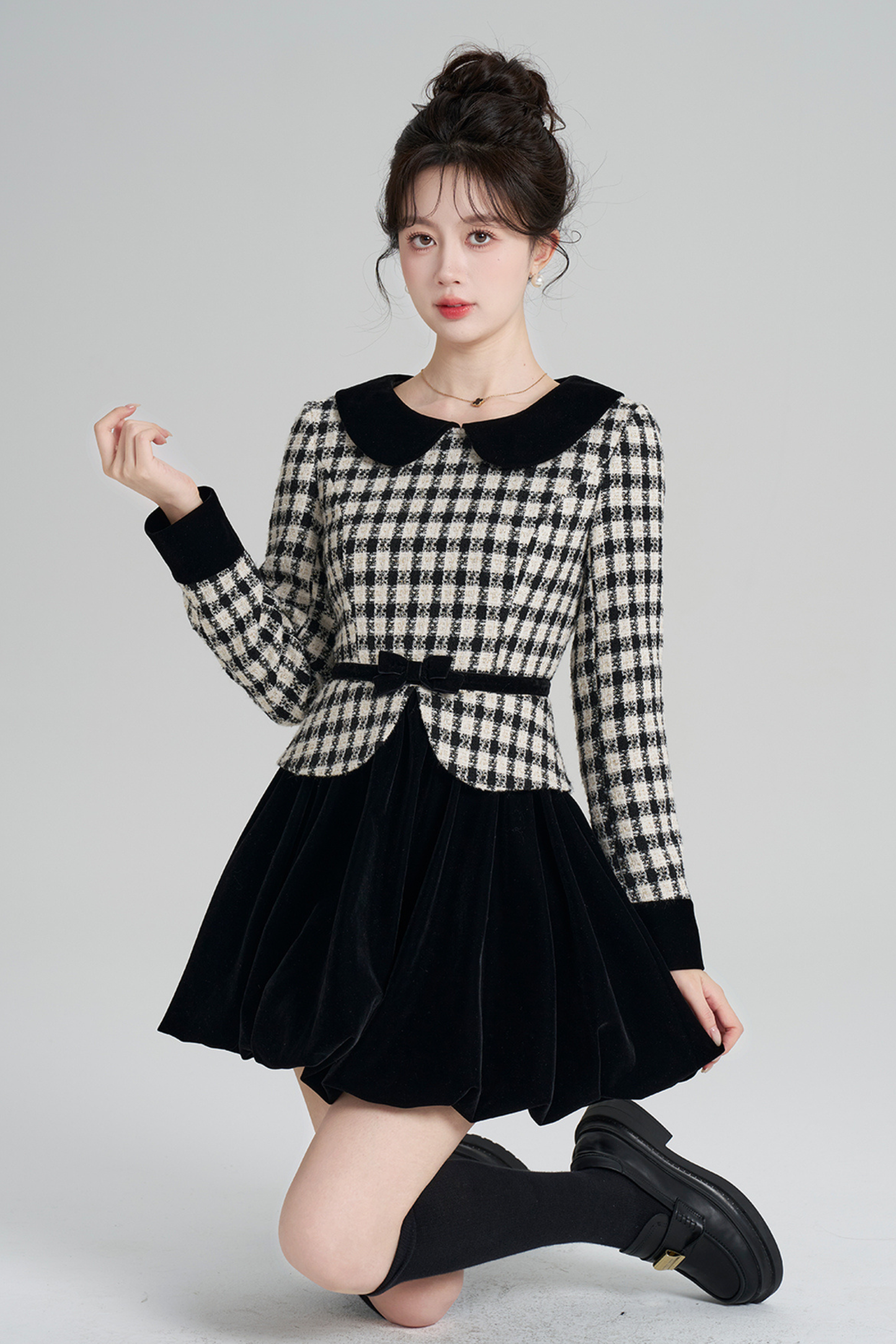 ベルベットモノクロチェックドレス