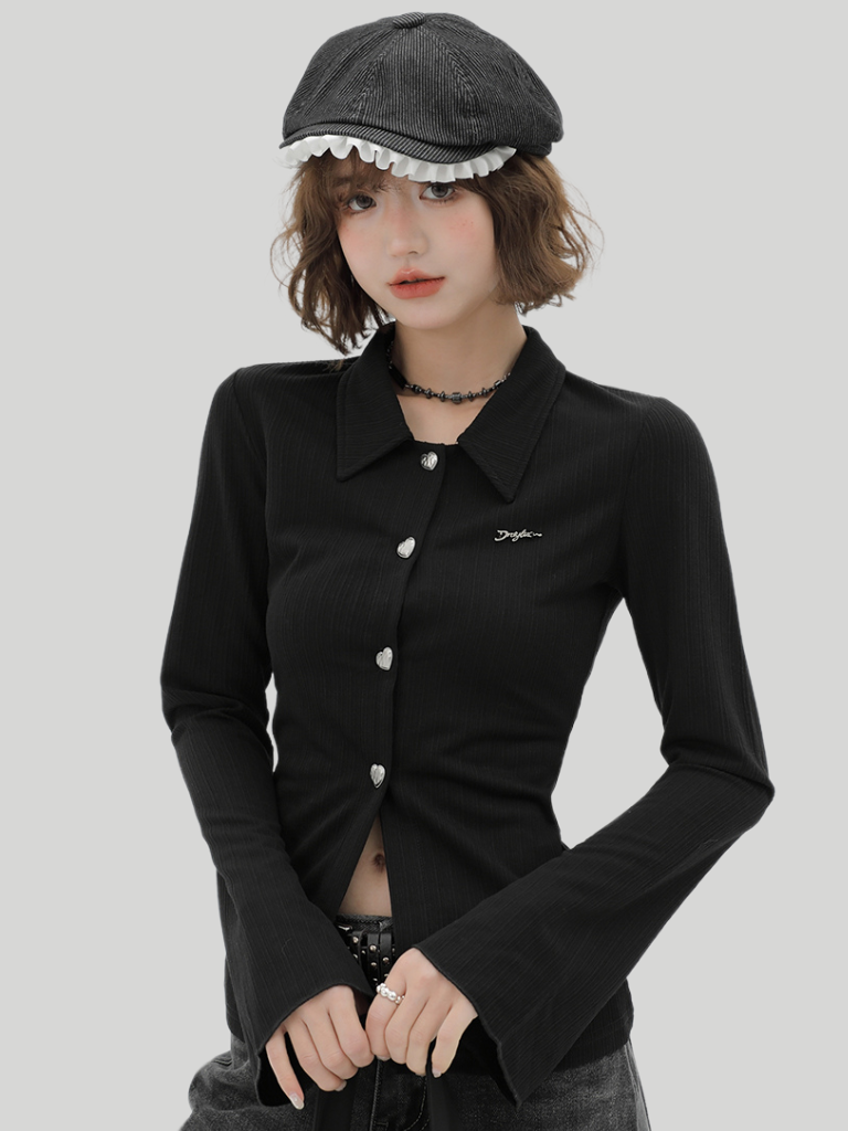 Retro Polo Collar Bell Sleeve Slim Knit Black Cardigan