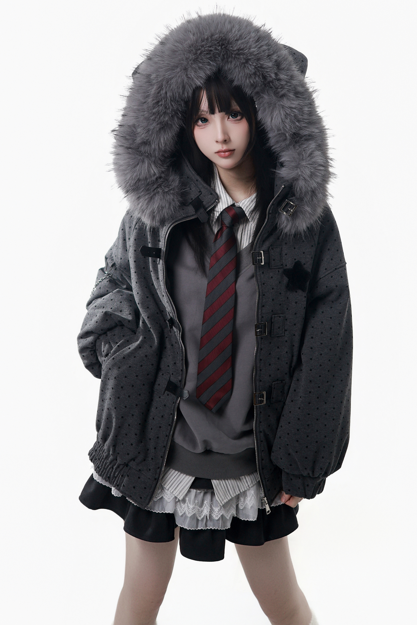 ビッグファーカラージャケット+トップス+スカート+パンツ+チェックフードジャケット