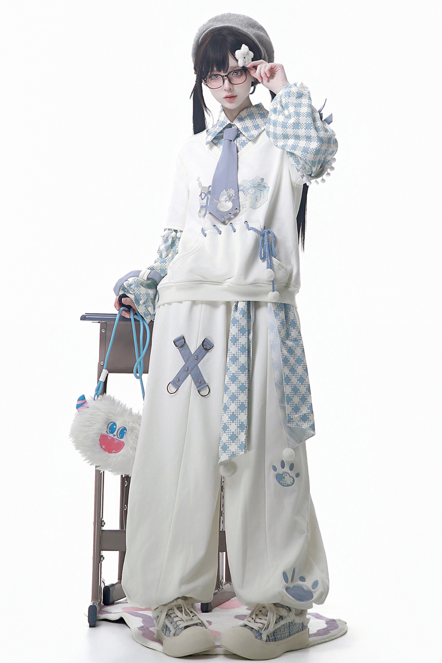 デジタルチェックトップス+ワイドパンツ+ベルト+ネクタイ