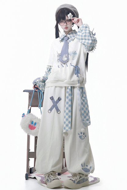 デジタルチェックトップス+ワイドパンツ+ベルト+ネクタイ