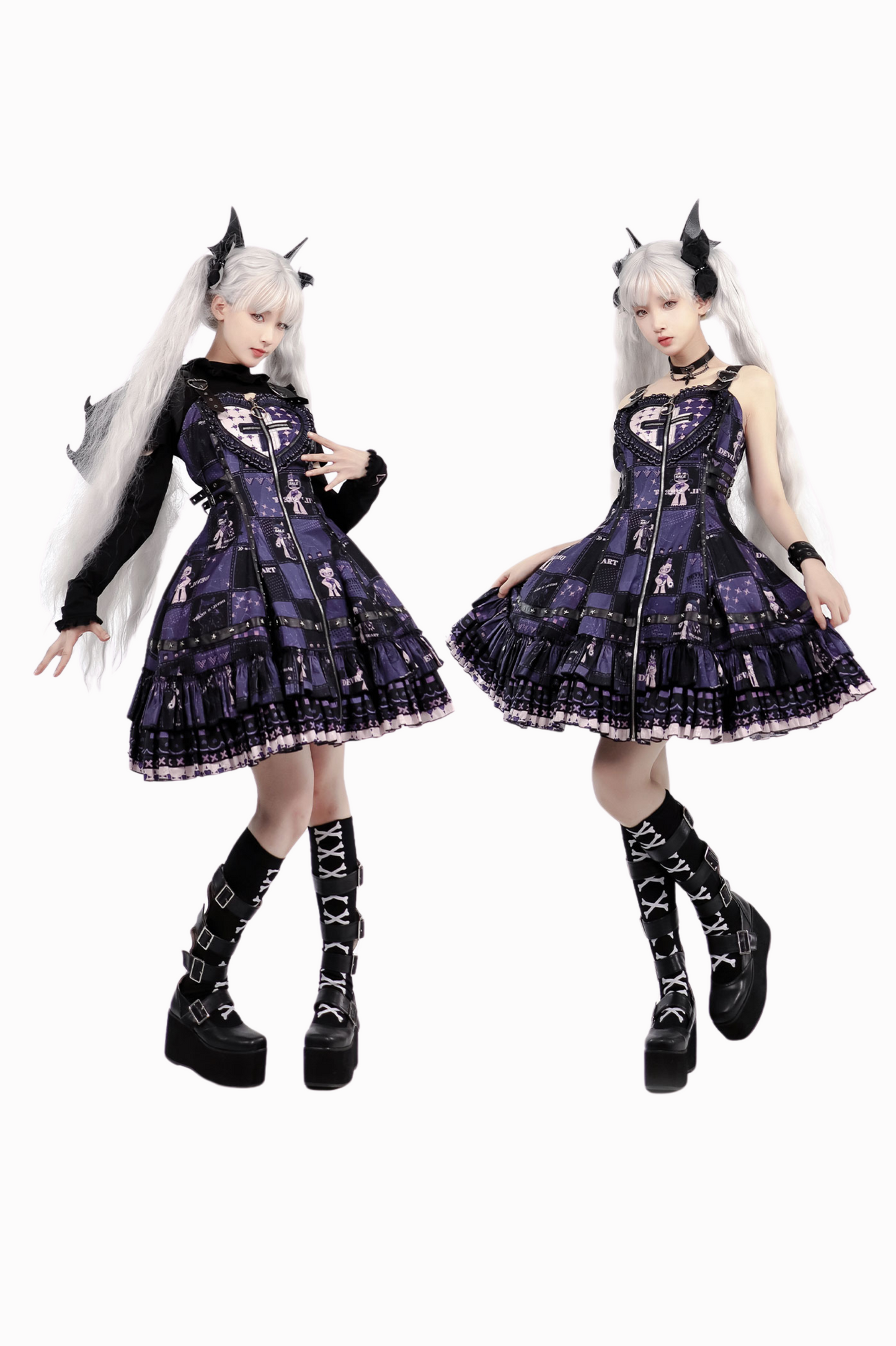 [Reservation product] Devil Heart Print Punk Goss Dog Suspender Dress