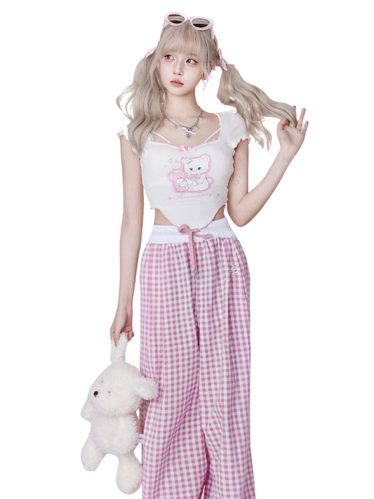Pink checkered sweetheart [5/6 20 o'clock new 9.5 full 300-30] beige top + pink plaid pants
