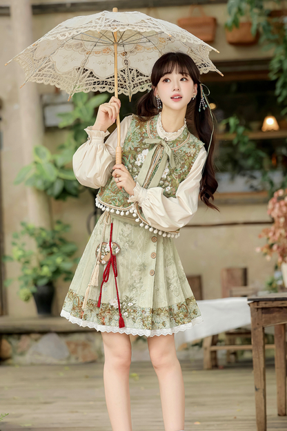 Forest China Vest + Blouse + Skirt