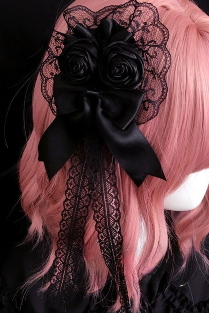 ダークブラックローズレースヘッドバンド+ヘアーブローチ