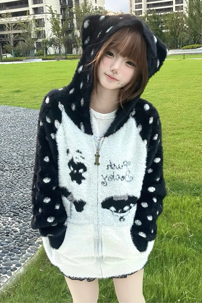 キャットイヤーフードドットデザインニットパーカー