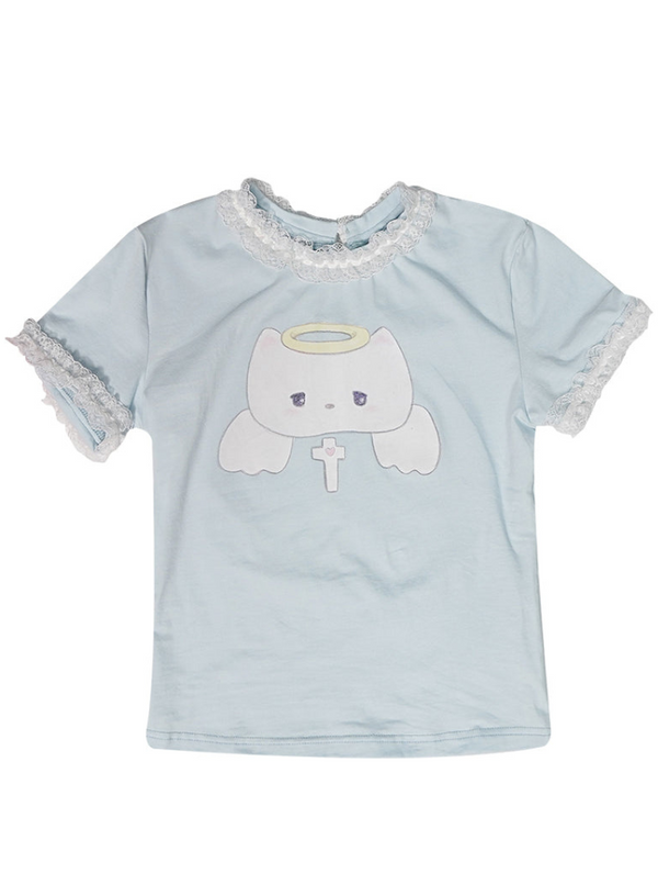 Candle Cat Angel Frill Lace T -shirt