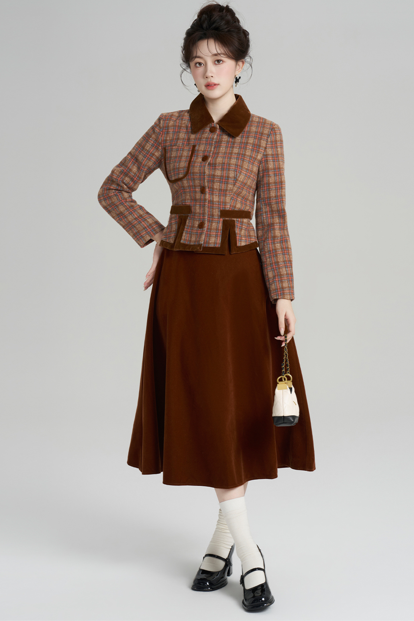 チェックジャケット+レトロプラッドベルベットスカート