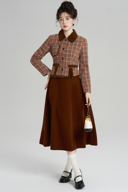 チェックジャケット+レトロプラッドベルベットスカート