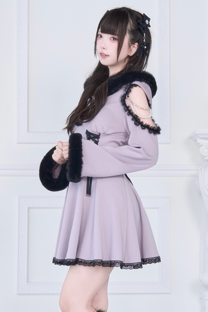 Lace-up Off-the-shoulder Fur Hooded Dress