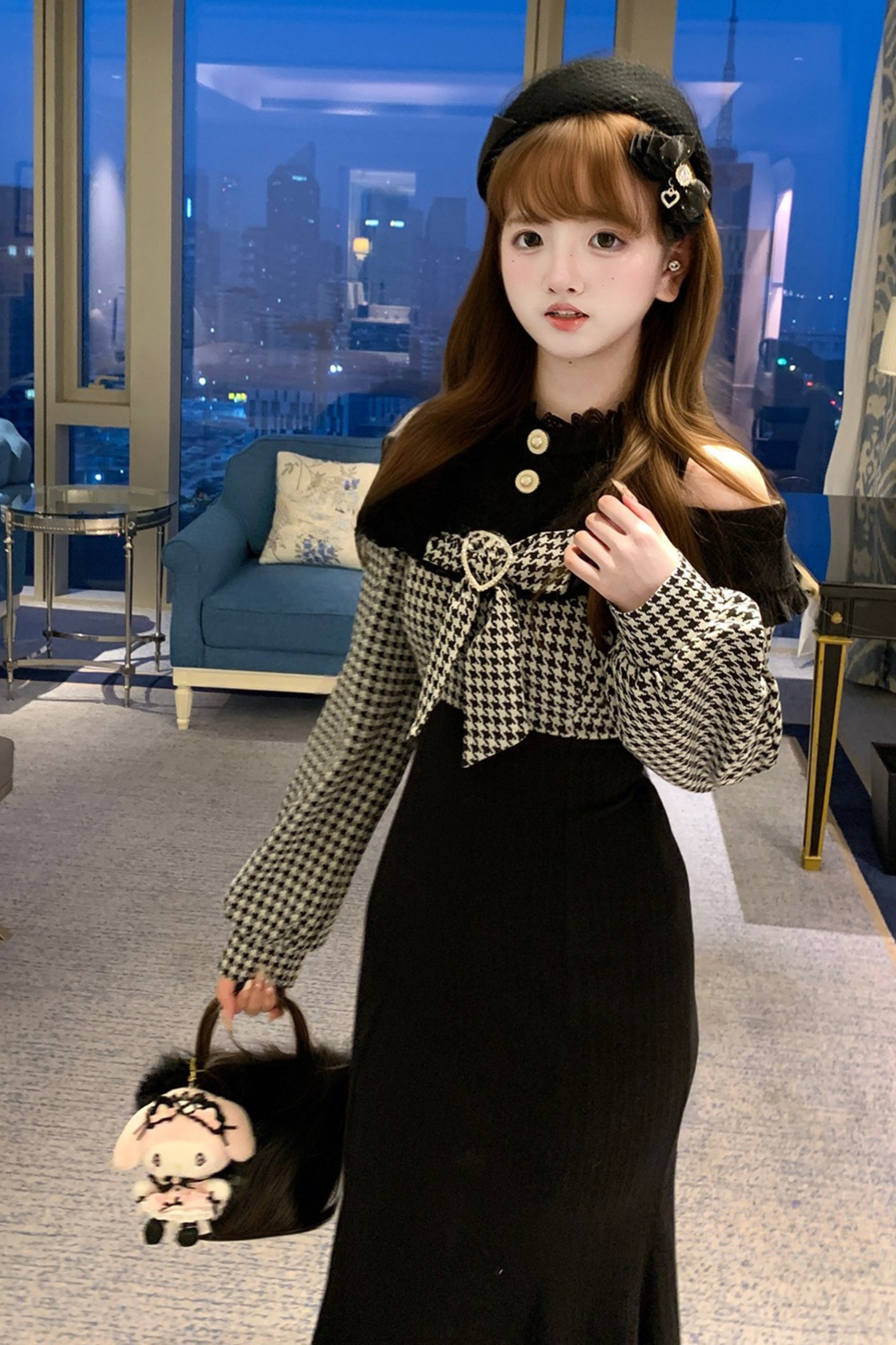 Chidori Plaid Dark Off-the-shoulder Dress