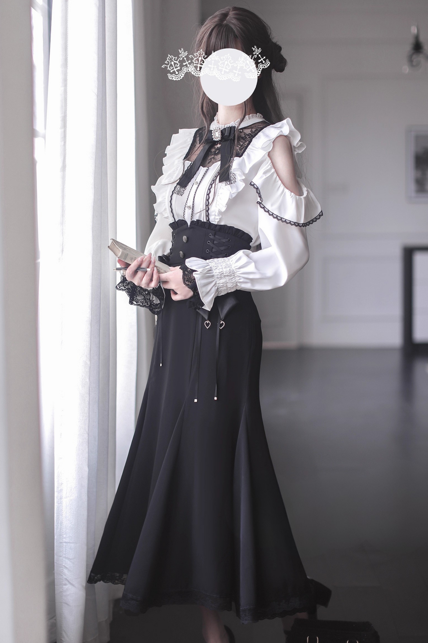 リボンオフショルシャツ+エレガントマーメイドスカート