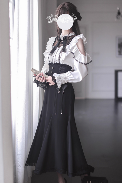 リボンオフショルシャツ+エレガントマーメイドスカート