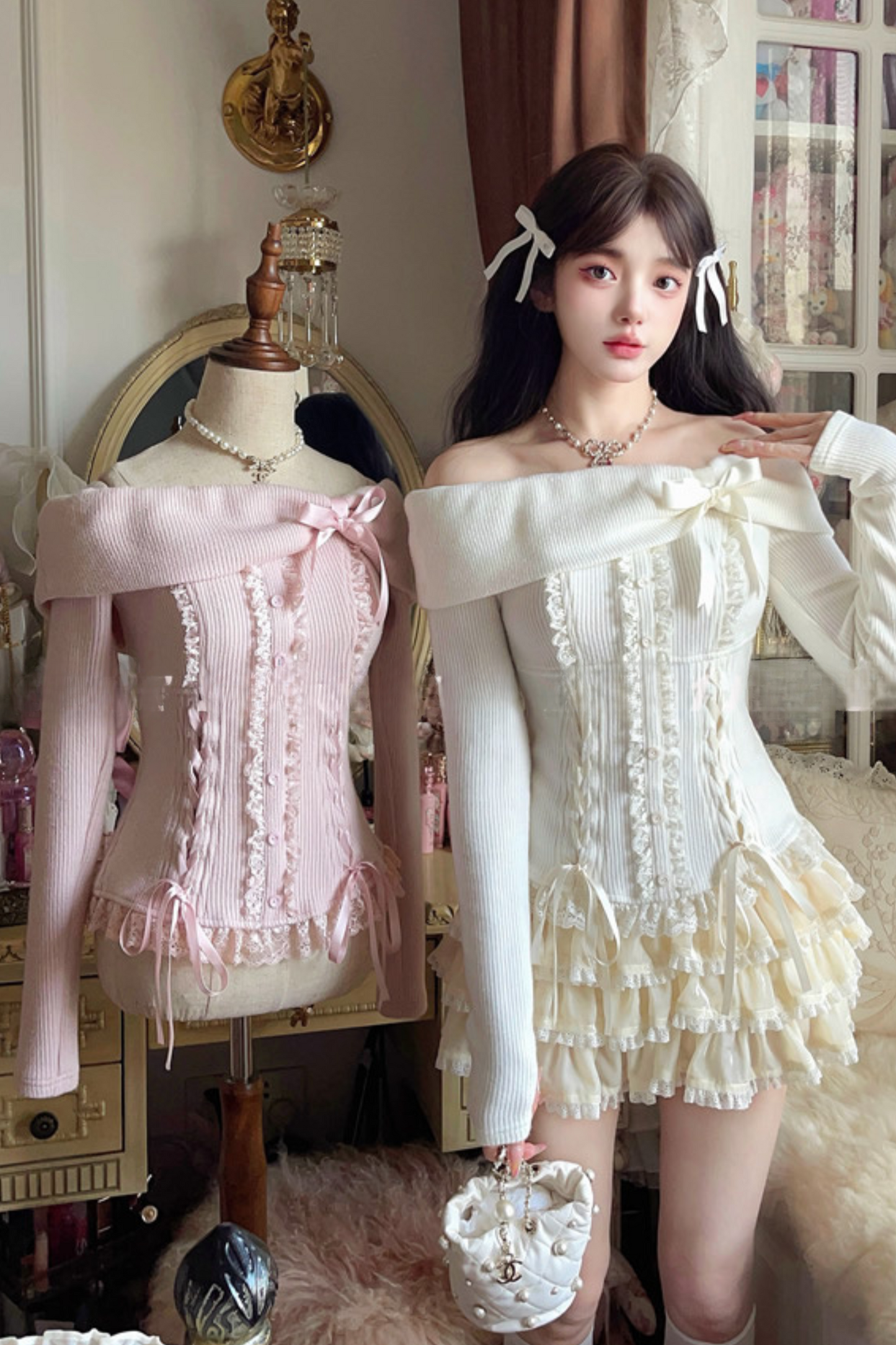 [Reservations] Ribbon pull shoulder sweet girly knit