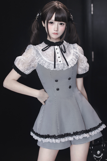 [3월 15일 예약마감] 깅엄 체크 다크 스위트 레이스 원피스 + 반바지