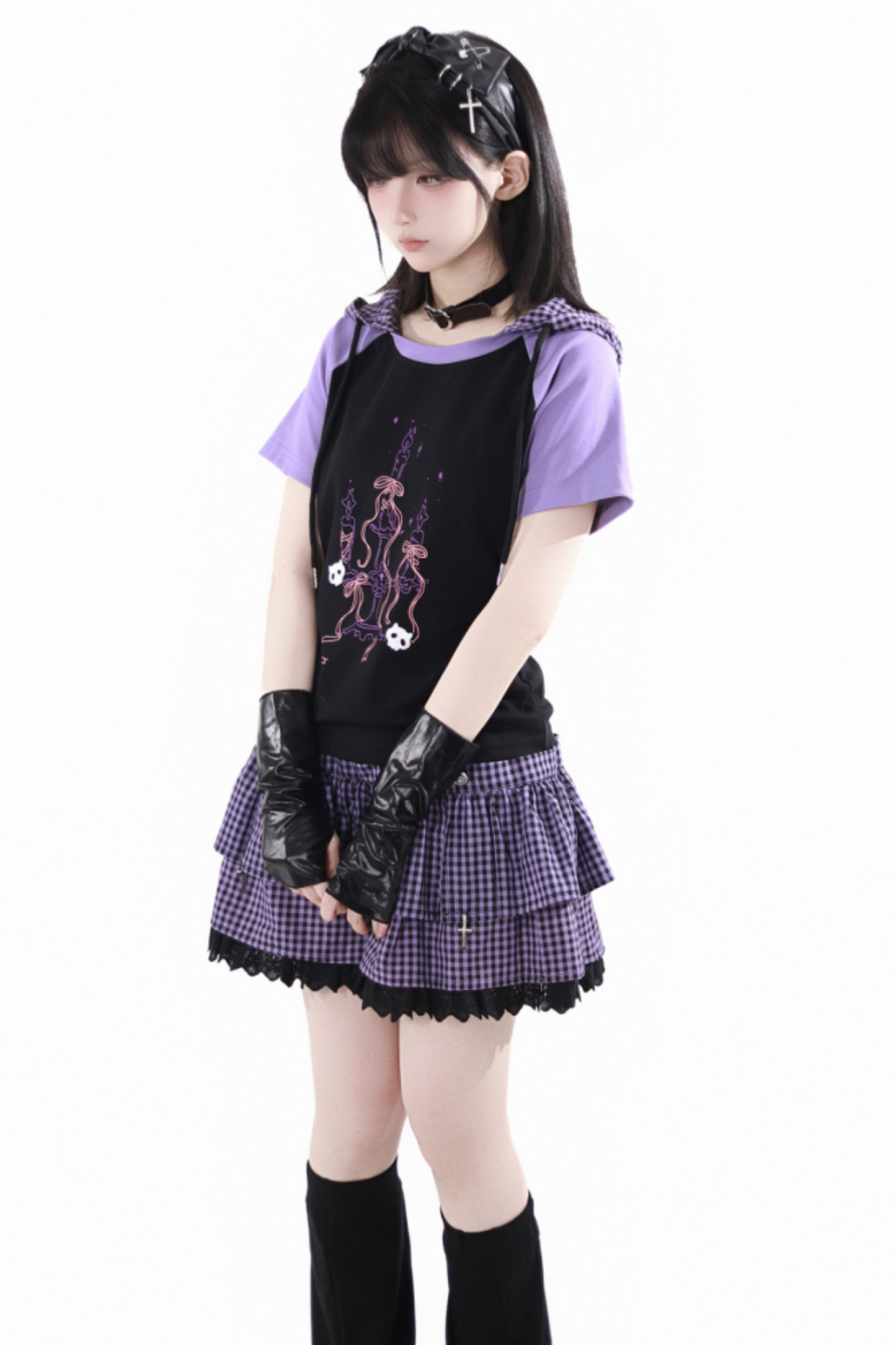 パープルグリッドカラーブロックトップス+フードトップス+パンツ+レッグウォーマー