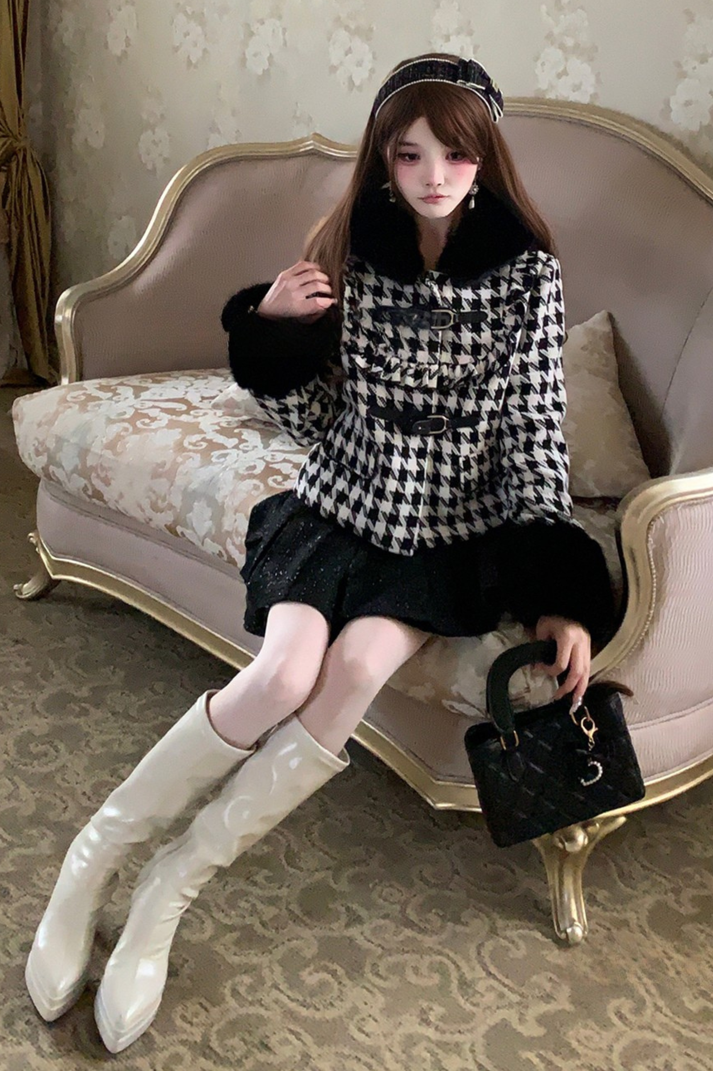 千鳥格子スイートジャケット+ブラックラメスカート