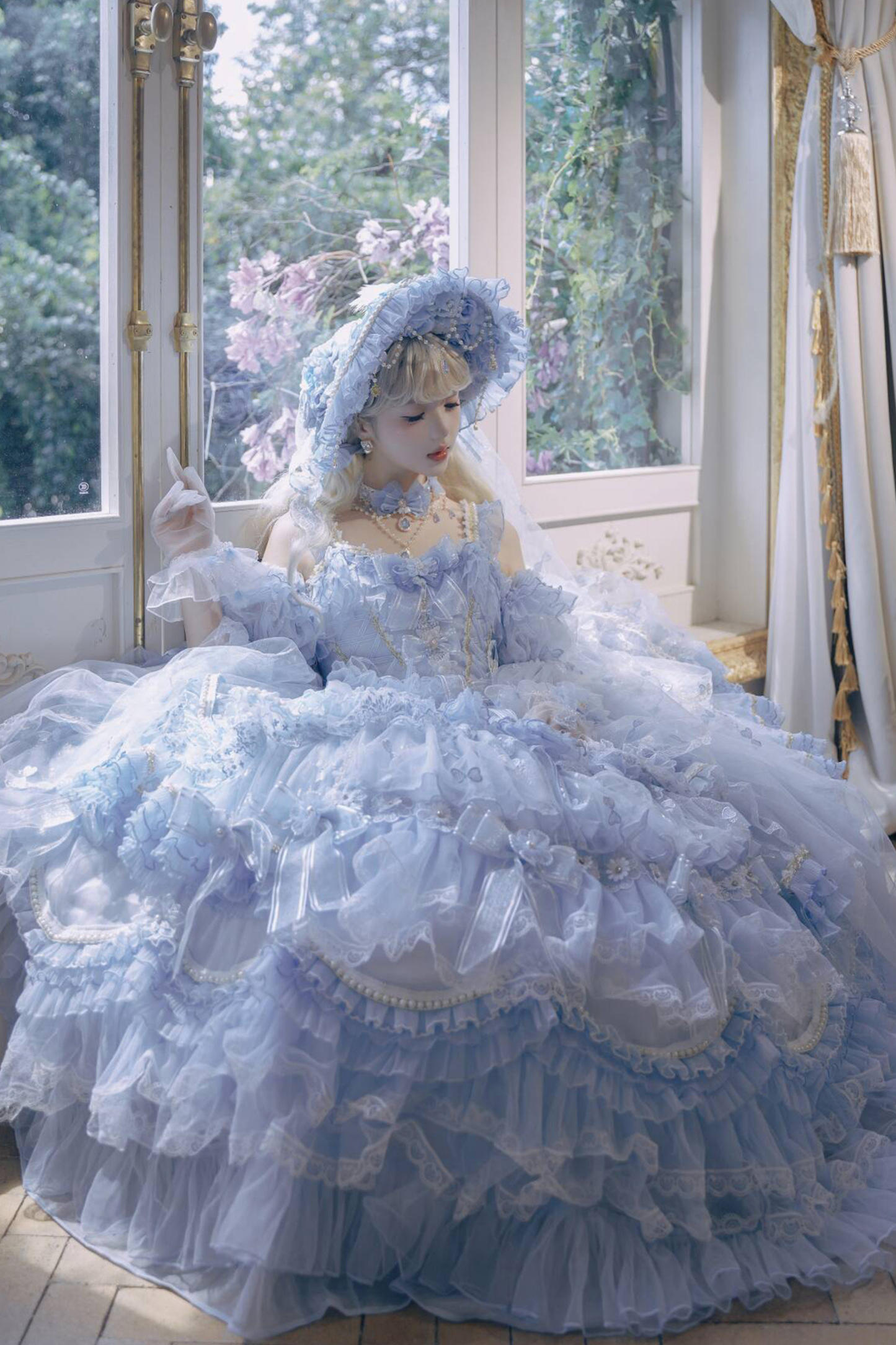 ゴージャスアイスブループリンセスロリータロングドレス