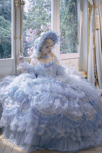 ゴージャスアイスブループリンセスロリータロングドレス