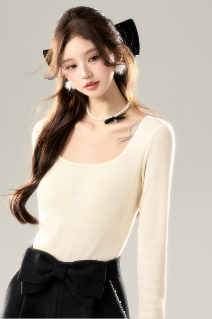 Wool square collar base slim top