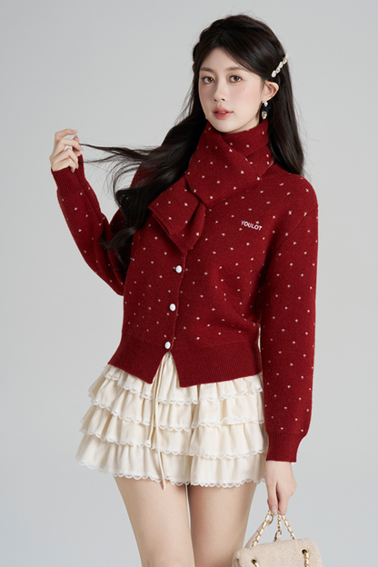 フレンチスタイルドットマフラー付きンカーディガン