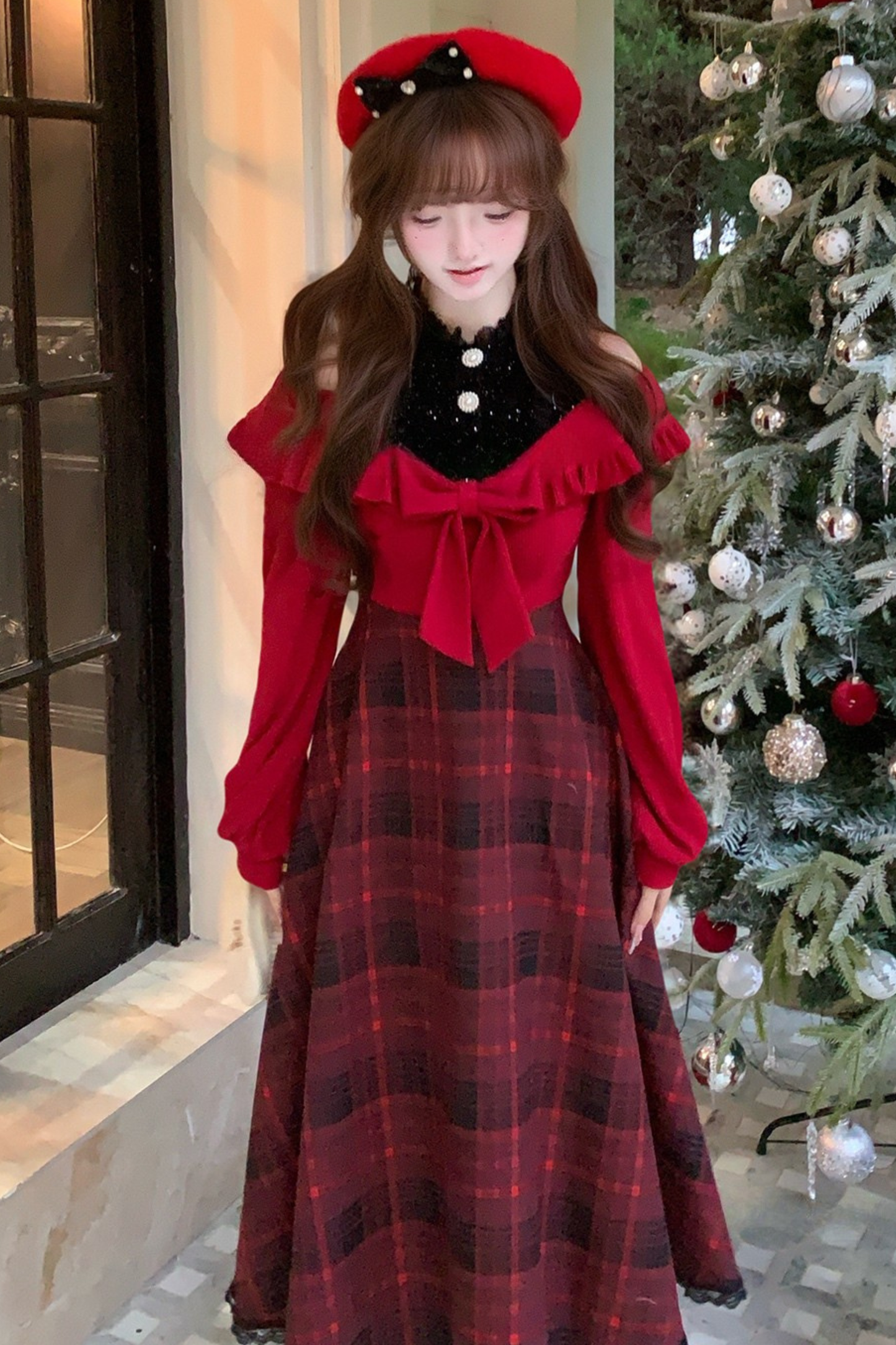 レトロチェックオフショルダードレス