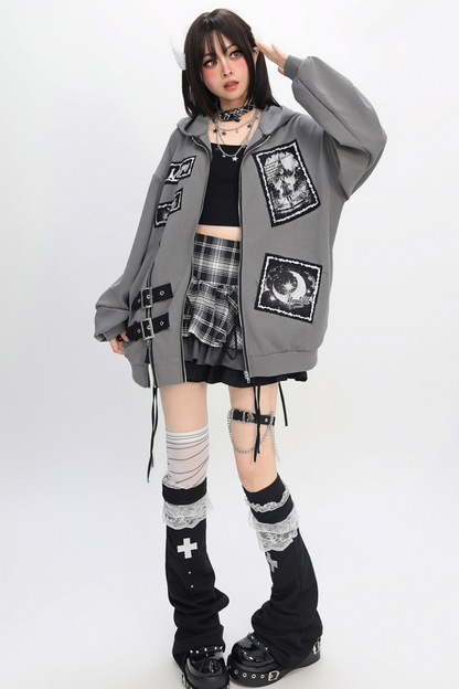 Bee Stitch Print Patchwork Zipper Loose Hoodie