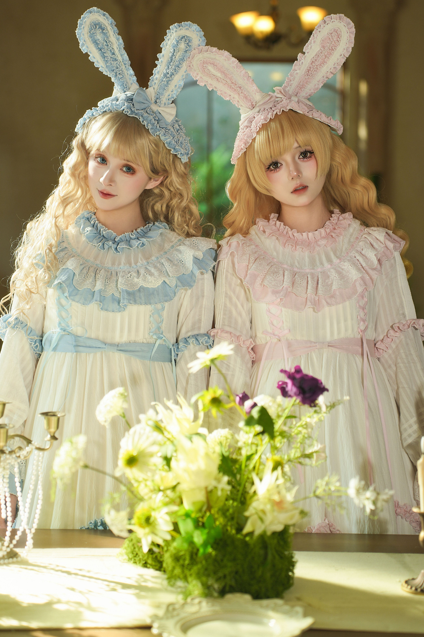 ラビットツインブルーロリータドレス+ラビットヘアバンド