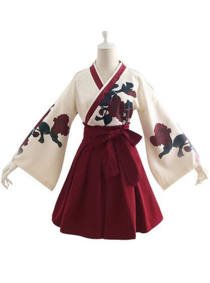 Japanese floral print kimono shirt + ribbon hakama style skirt
