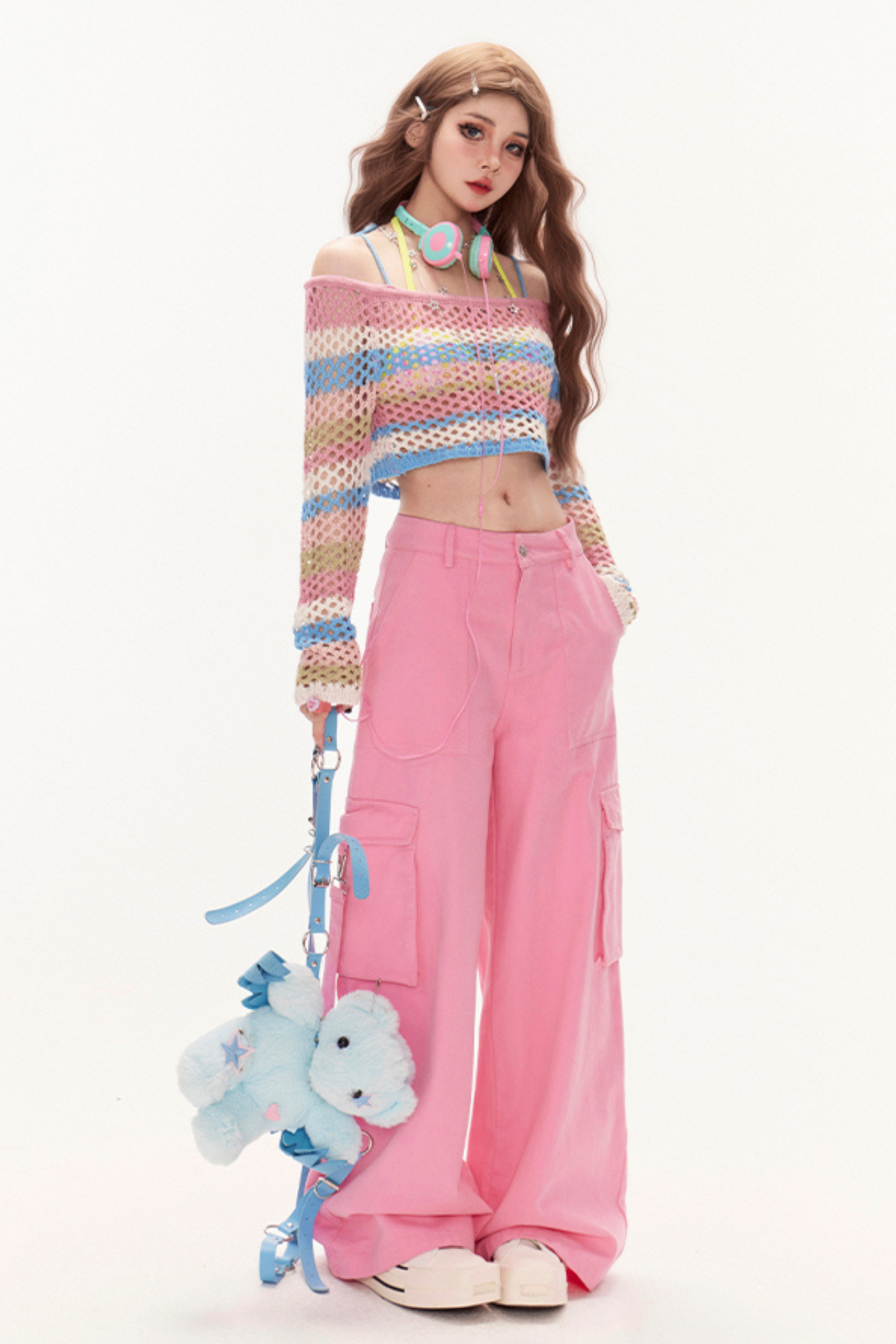 ピーチボーダーオフショルダーニット