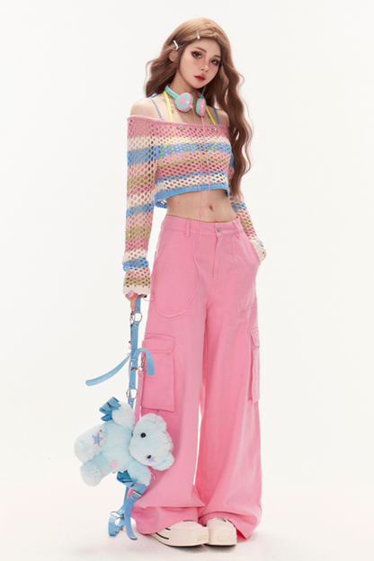 ピーチボーダーオフショルダーニット