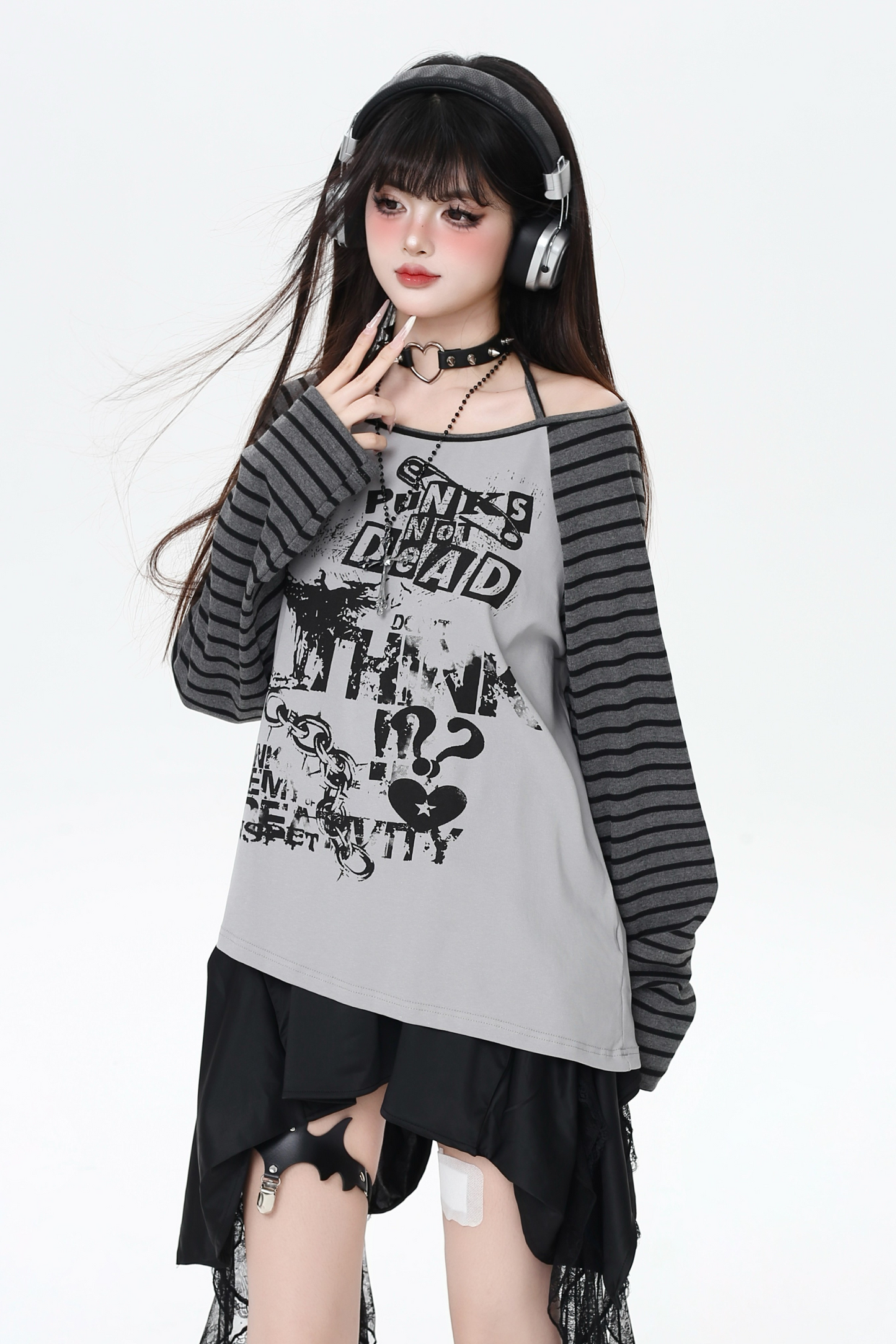 サブカルチャーストライプルーズトップス