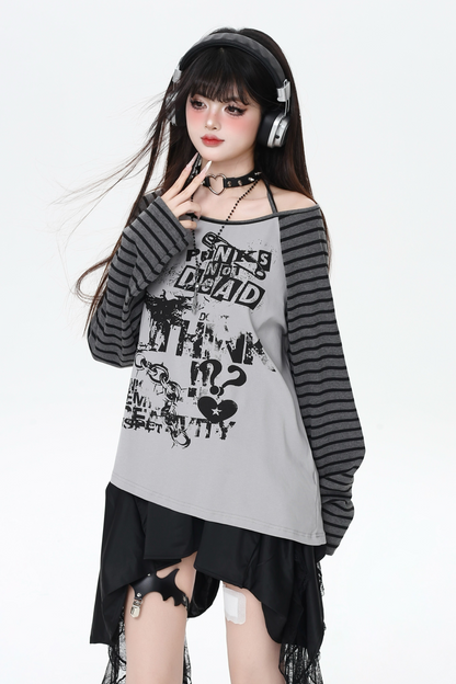 サブカルチャーストライプルーズトップス