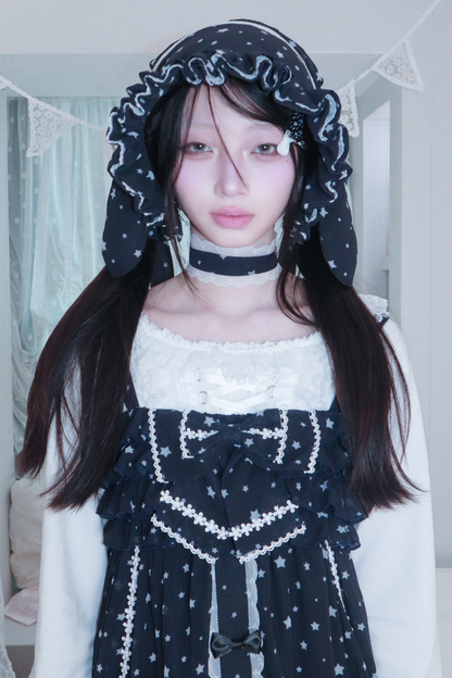 ドットシフォンサンドレス+ラビットハット