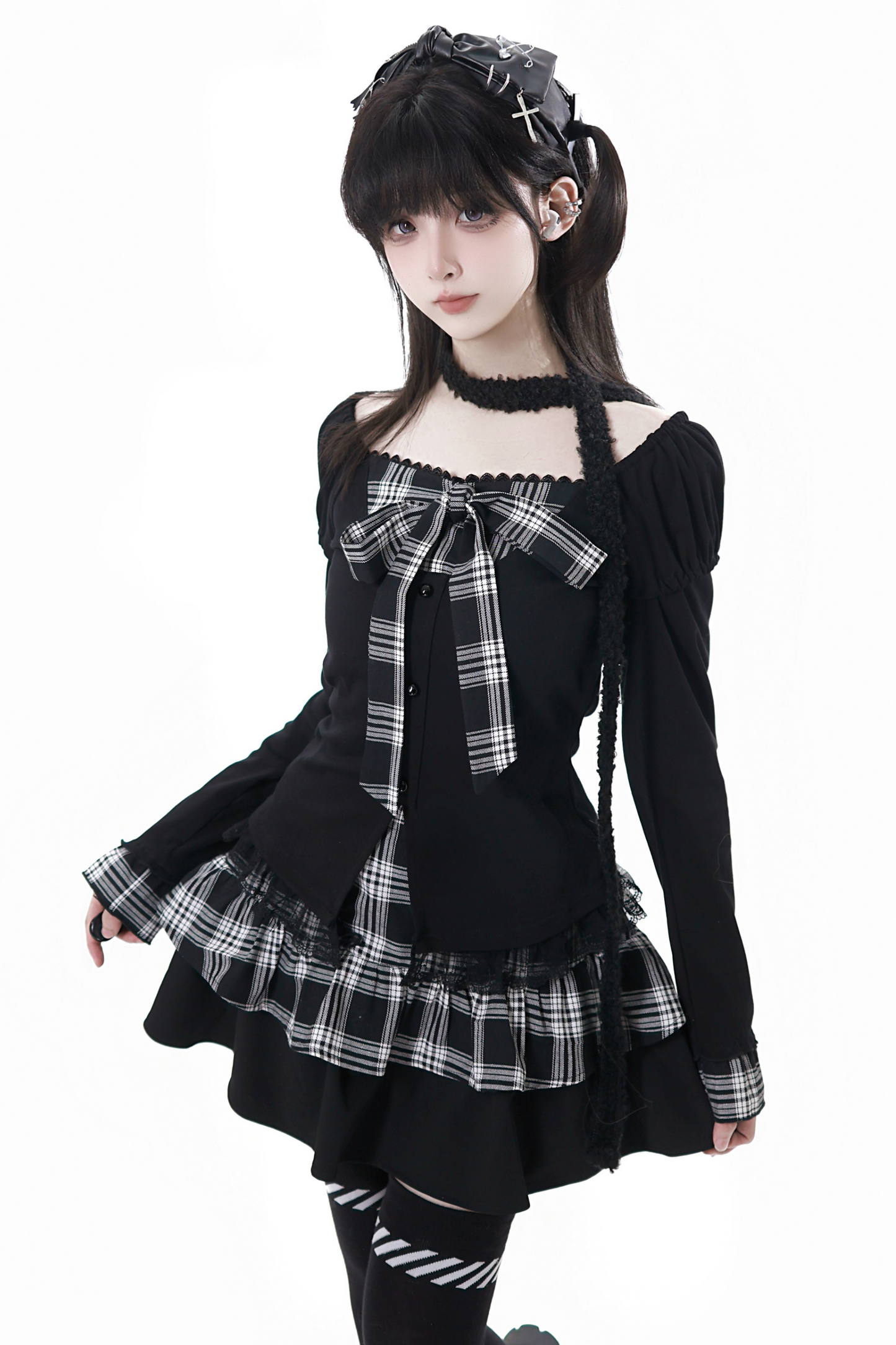 チェックリボントップス+スカート