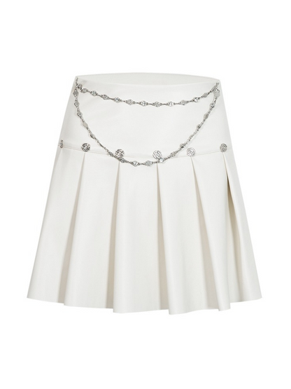 Metal Rose Diamond Chain Pleated Leather Skirt