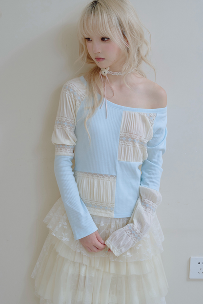 パッチワークデザインクルーネックトップス