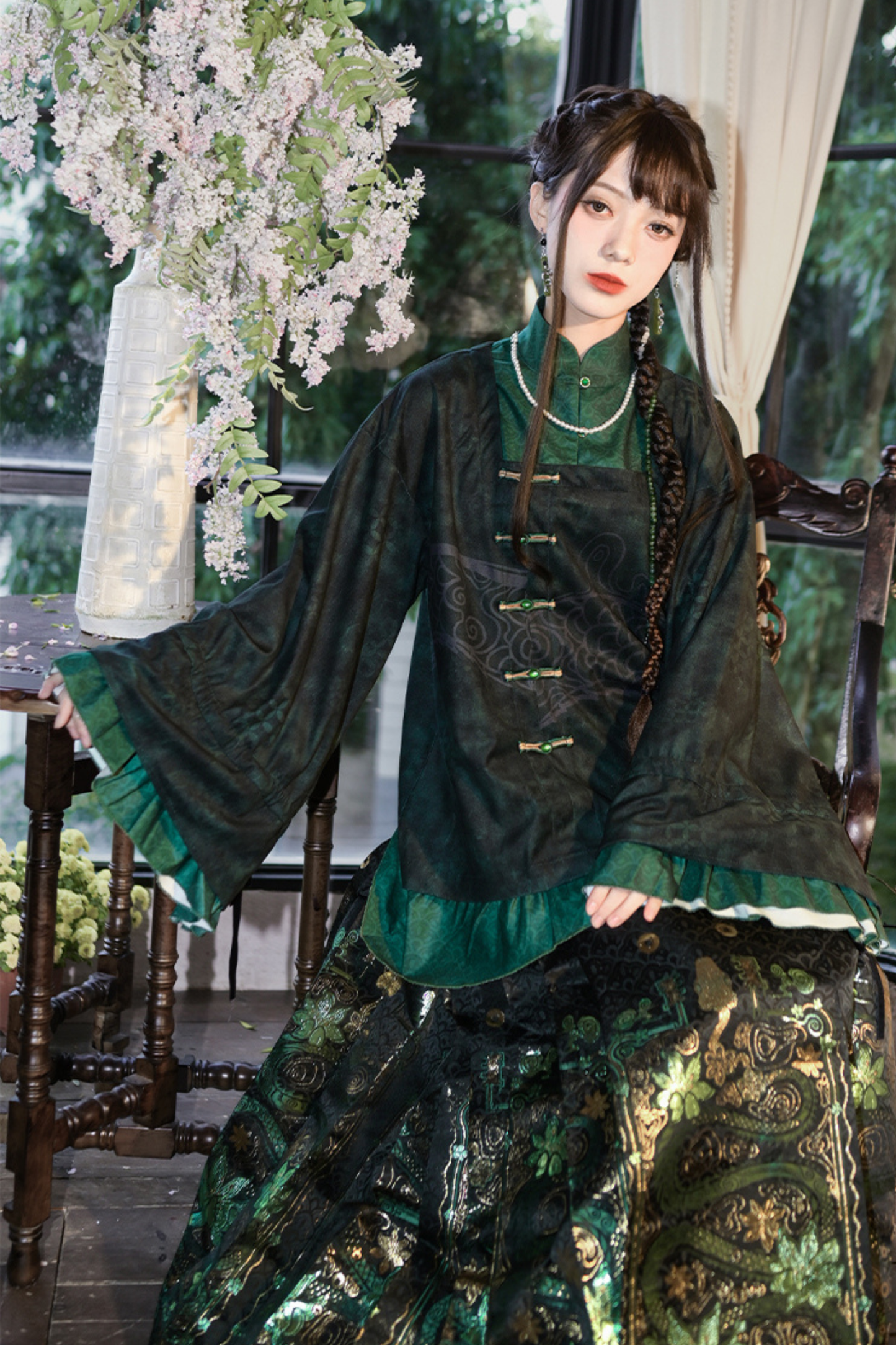 Dark China Flared Sleeve Top