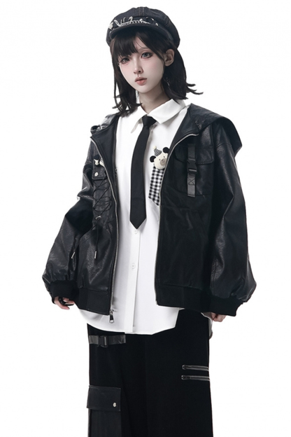 Leather jacket + shirt + long pants + sweatshirt + skirt