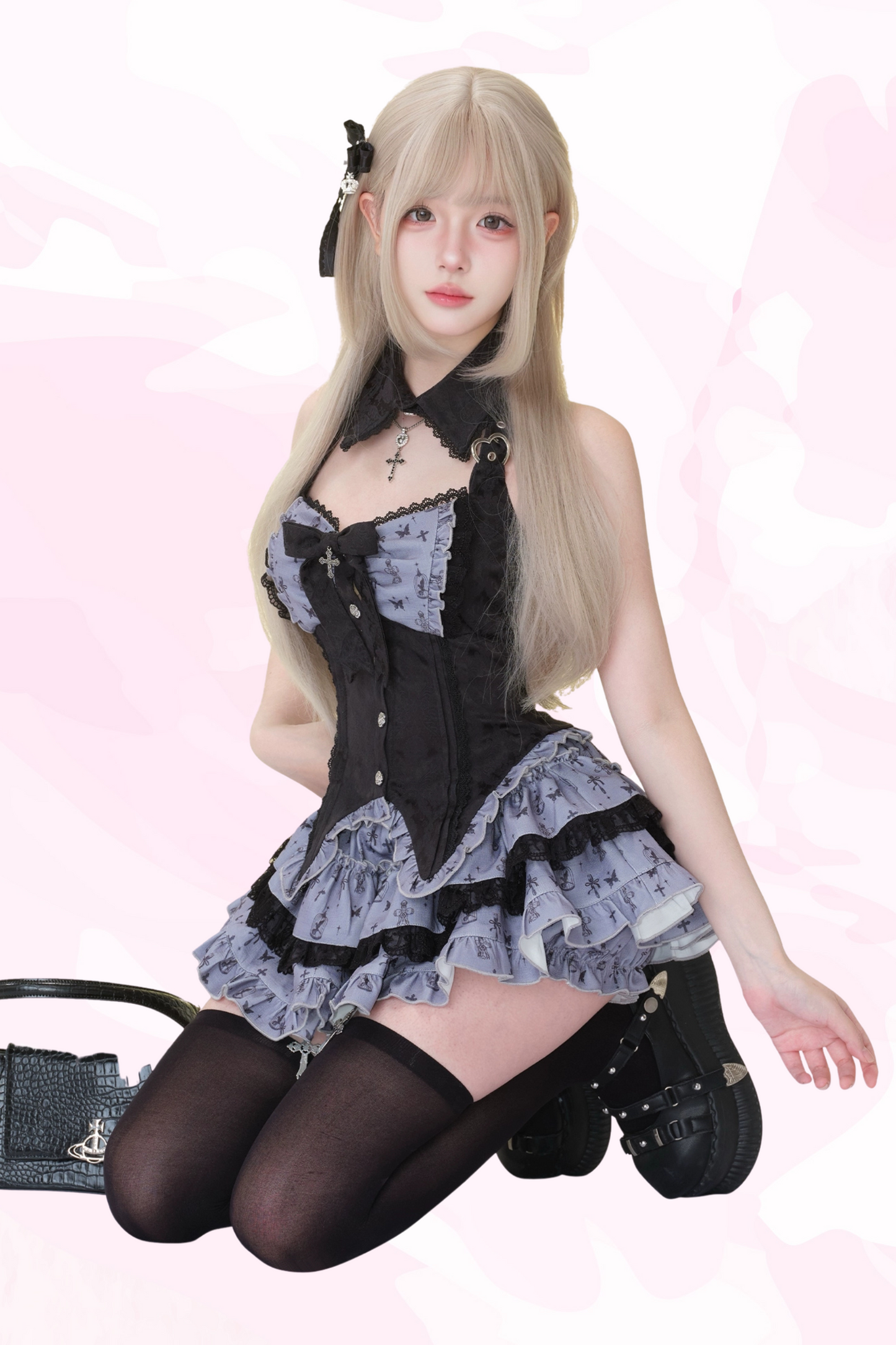 ダークナイトドールブラックプリントパッチワークリボン付きトップス+プリントスカート