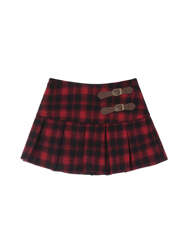 ダークパンクレザーバックルチェックプリーツスカート