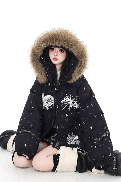 Dark rabbit design fur hooded jacket