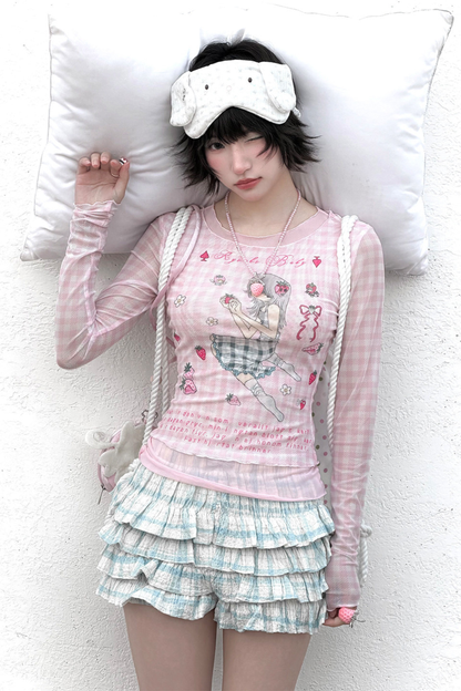 마카롱 피치 티셔츠 + 프릴 퀼로트