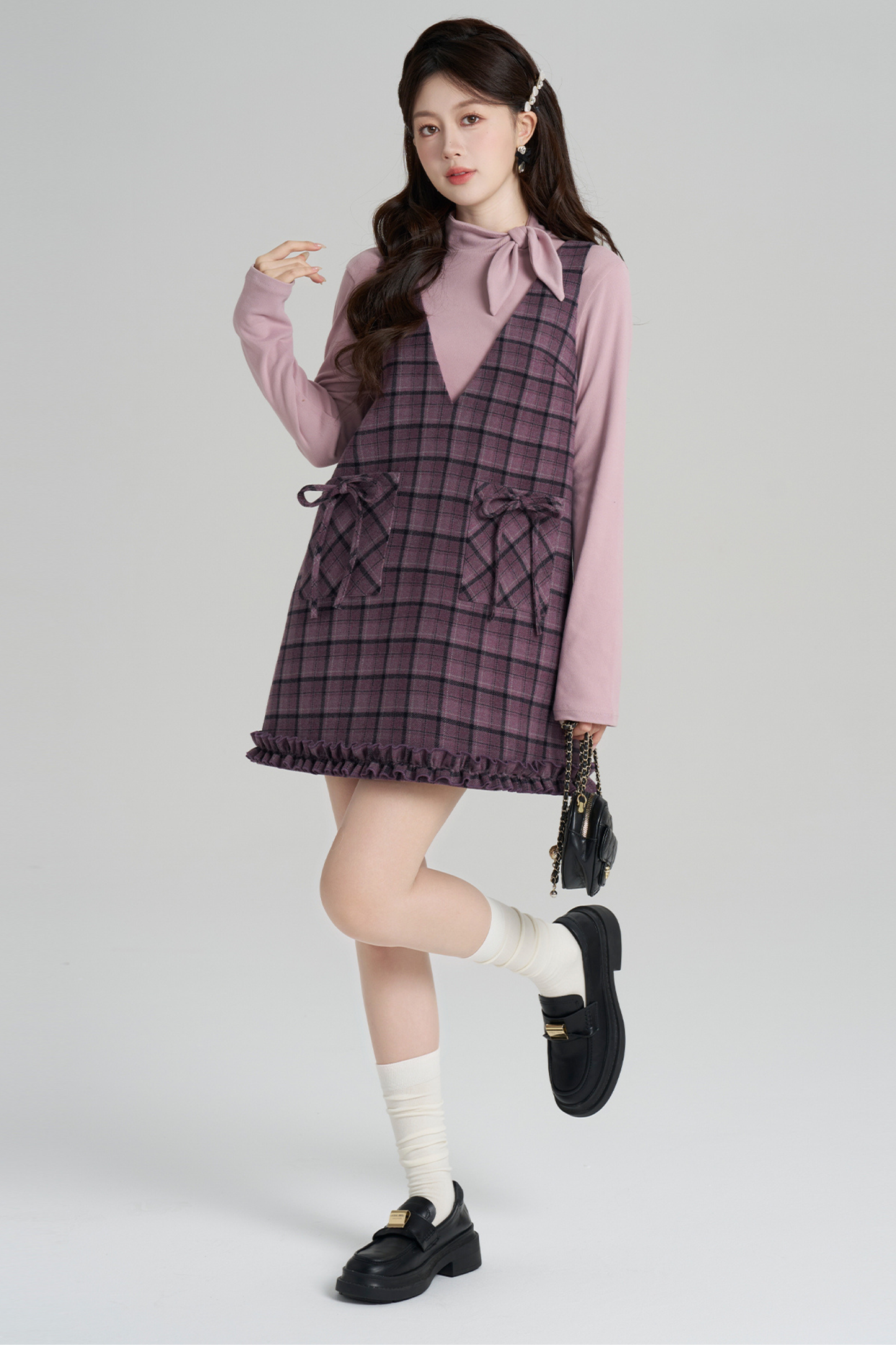 パープルプレイドラッフルドレス+トップス