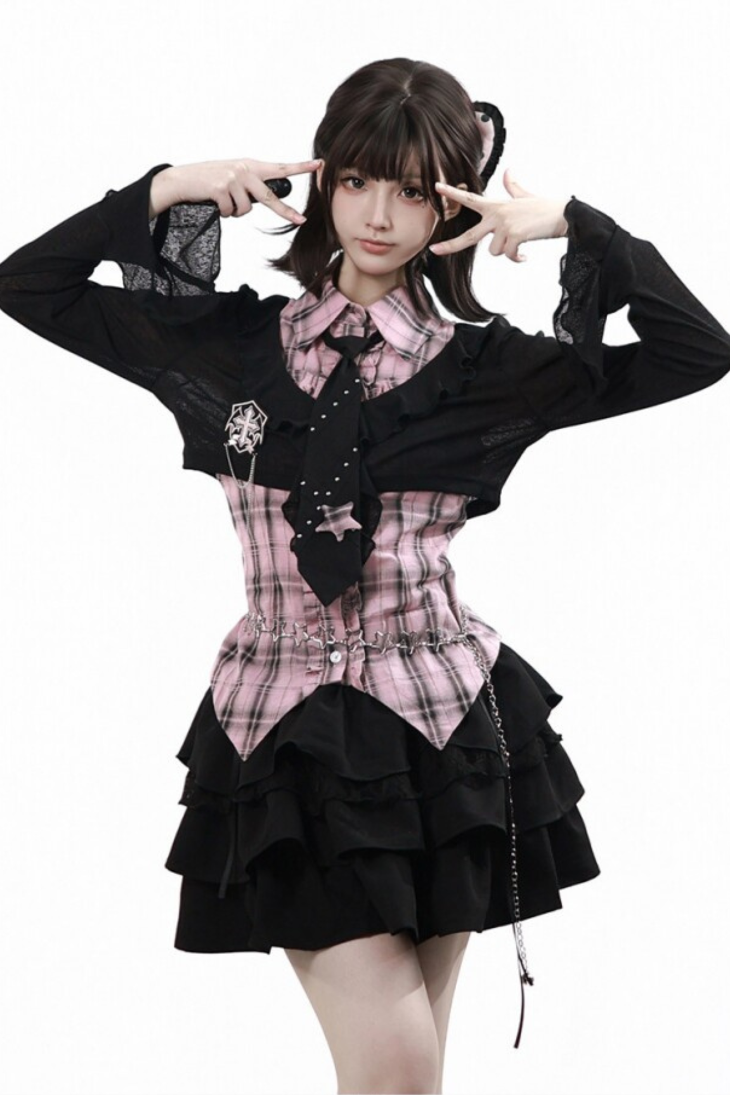 Plaid Sleeveless Shirt + Top + Tiered Skirt