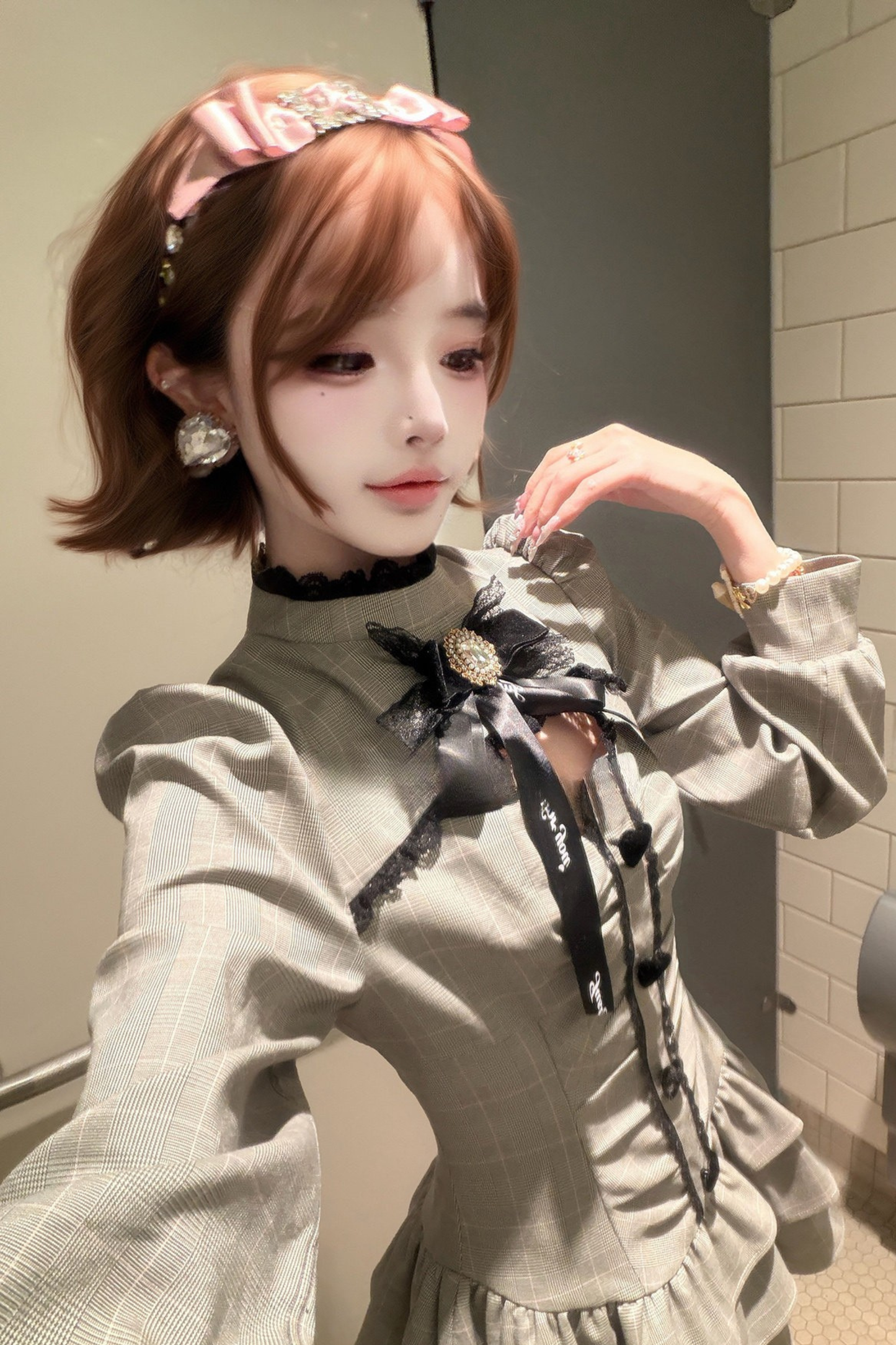 Check High Neck Puff Sleeve Dress