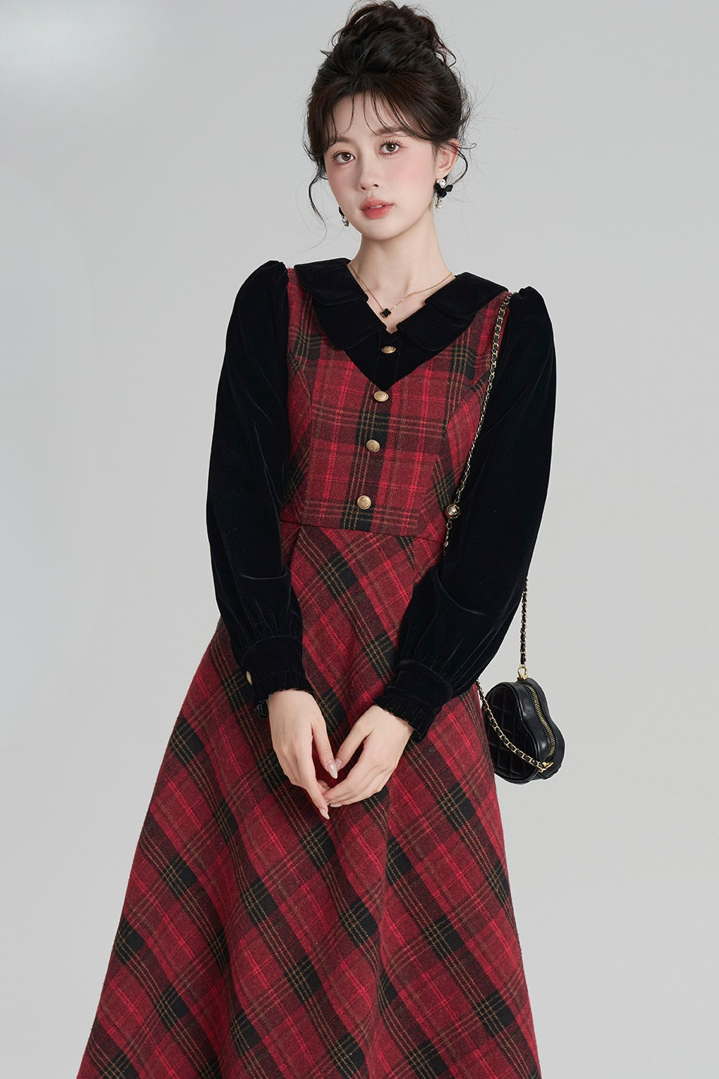 レッドレトロチェックツイードドレス